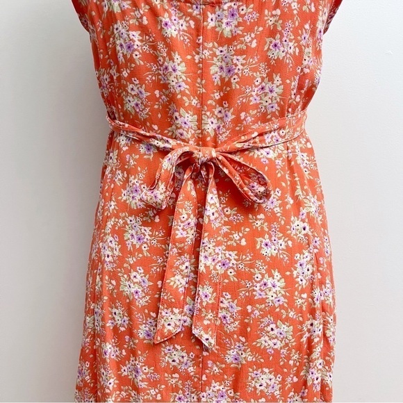 American Eagle Orange Ditsy Floral Scoop Neck Tie Waist Casual Mini Dress - Picture 8 of 9